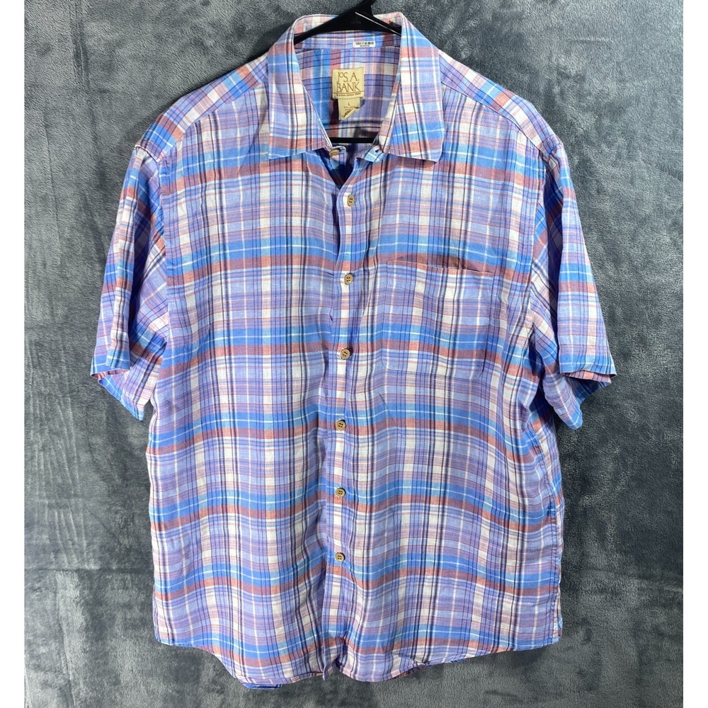 Jos A Bank Shirt Mens Large Blue Plaid 100% Linen Short Sleeve Button Down
